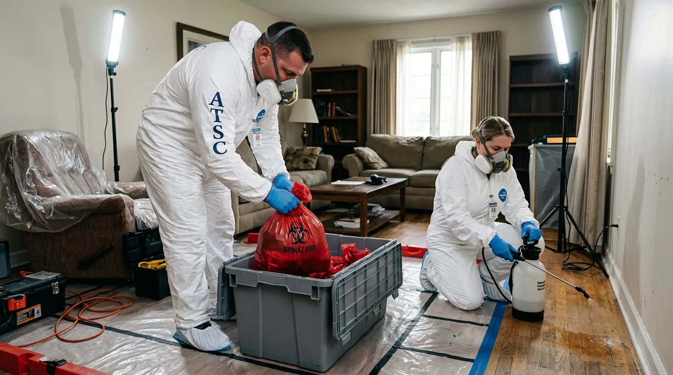 Professional Hoarding Cleanup technician in full PPE working in Apache Junction